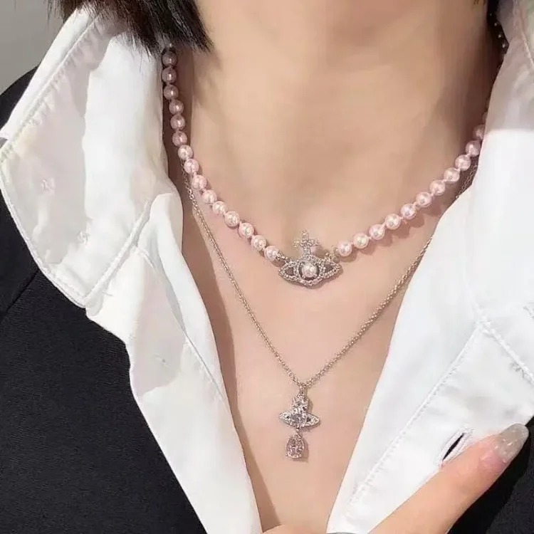Cabinet-level quality Queen Mother Saturn full diamond brooch chain Saturn necklace paper clip clavicle chain for women