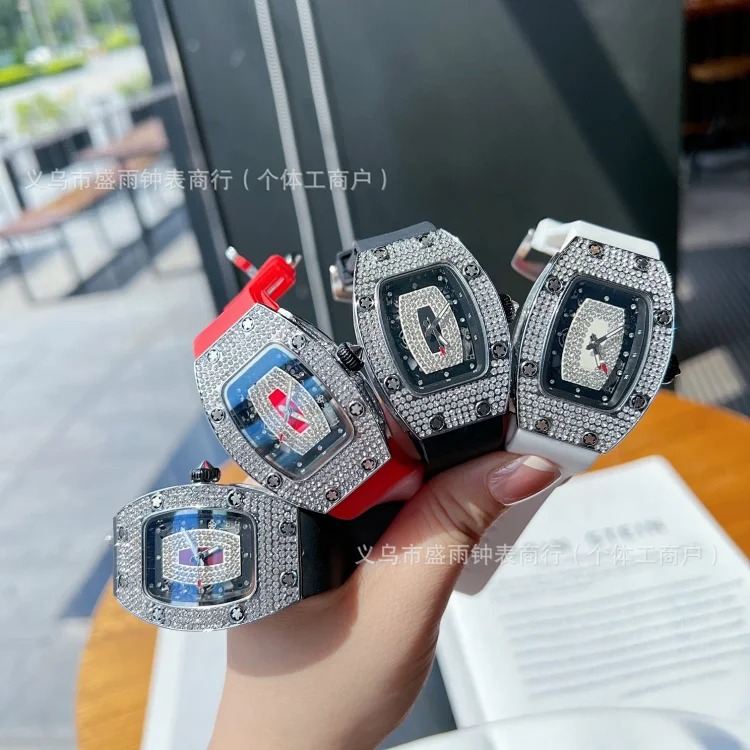 Richard's same style women's hollow quartz watch, barrel-shaped diamond-encrusted silicone band, fashionable and simple women's watch, full diamond watch