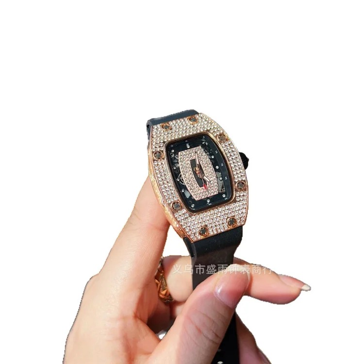 Richard's same style women's hollow quartz watch, barrel-shaped diamond-encrusted silicone band, fashionable and simple women's watch, full diamond watch