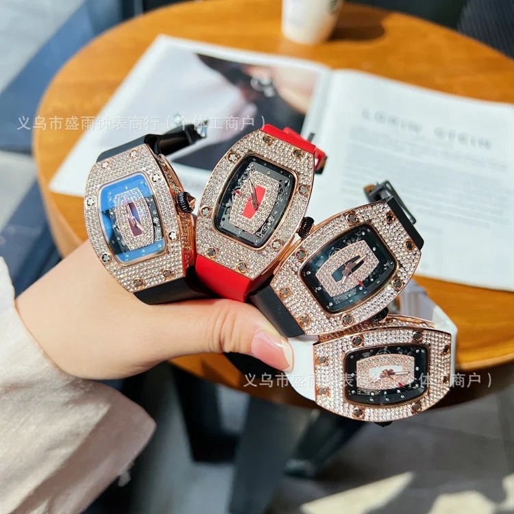 Richard's same style women's hollow quartz watch, barrel-shaped diamond-encrusted silicone band, fashionable and simple women's watch, full diamond watch