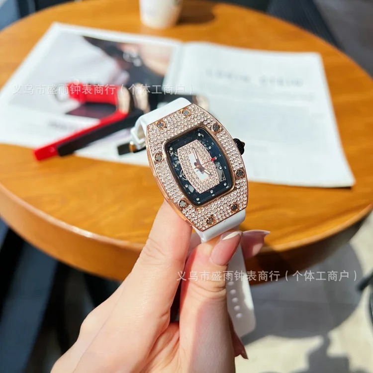 Richard's same style women's hollow quartz watch, barrel-shaped diamond-encrusted silicone band, fashionable and simple women's watch, full diamond watch