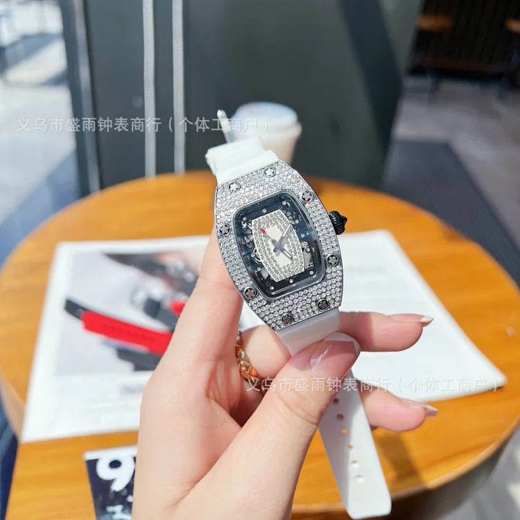 Richard's same style women's hollow quartz watch, barrel-shaped diamond-encrusted silicone band, fashionable and simple women's watch, full diamond watch