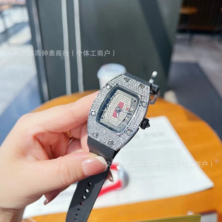 Richard's same style women's hollow quartz watch, barrel-shaped diamond-encrusted silicone band, fashionable and simple women's watch, full diamond watch